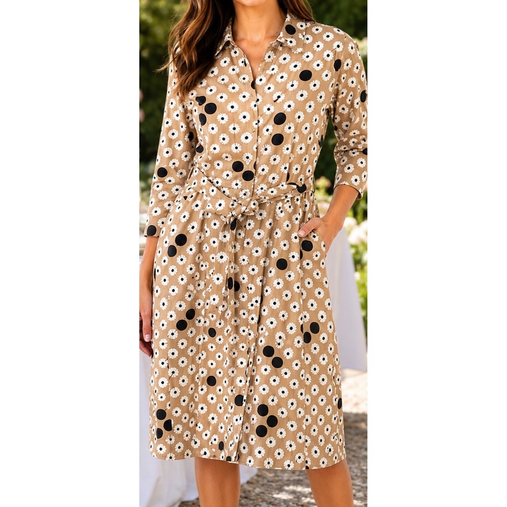 Talbots  Size 2 floral Jackie O Inspired Belted  Polka Dots Shirt Dress Belted